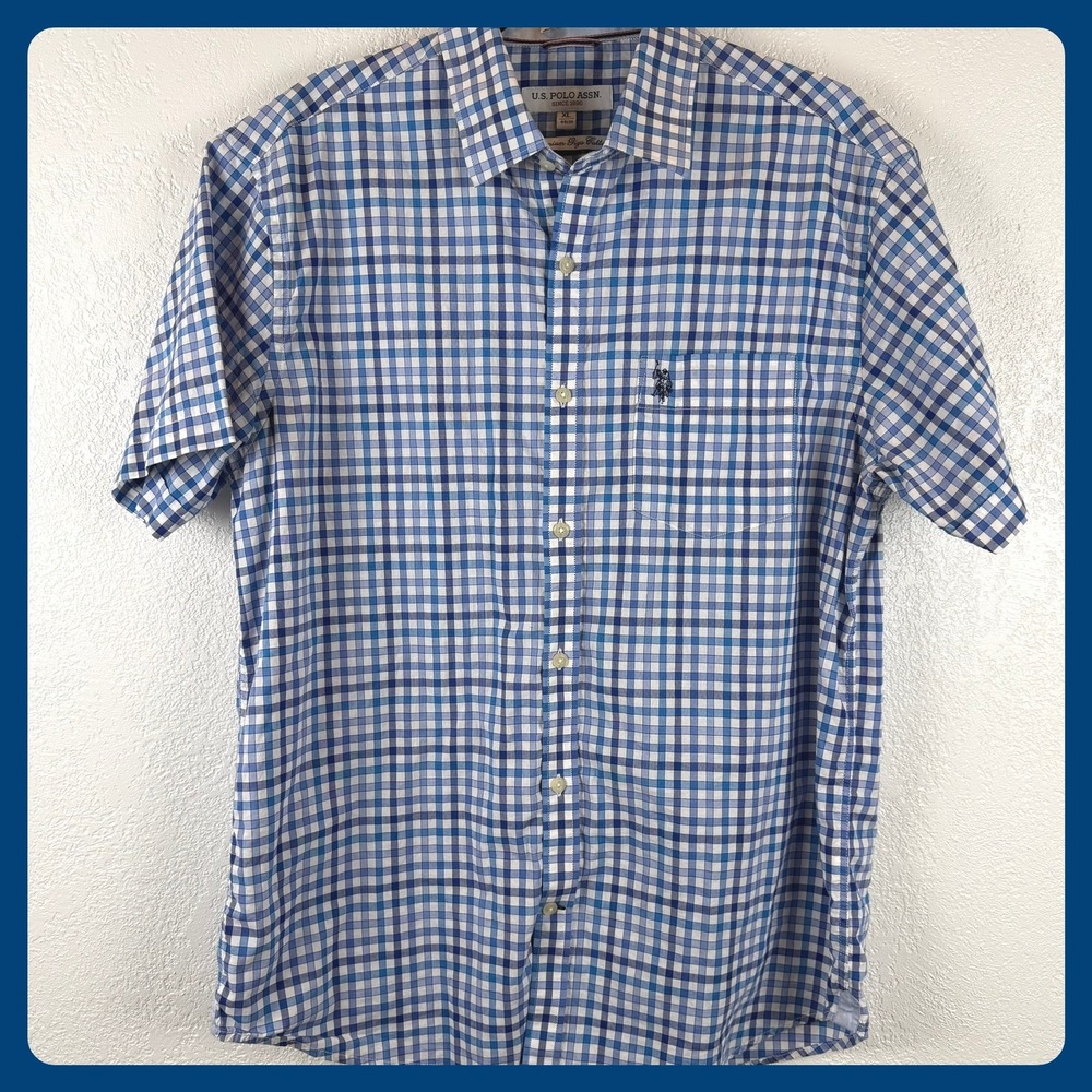 US Polo Assn Mens Plaid Button Down Shirt Blue White XL Tailored Fit Giza Cotton